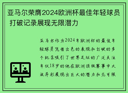 亚马尔荣膺2024欧洲杯最佳年轻球员 打破记录展现无限潜力