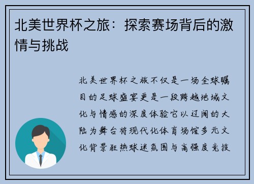 北美世界杯之旅：探索赛场背后的激情与挑战